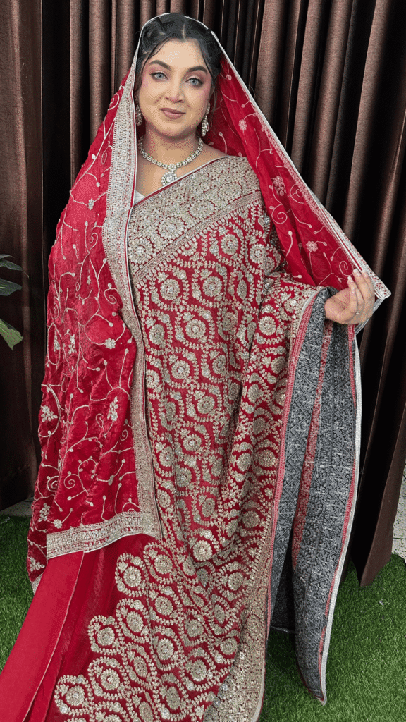 Bridal Red Fandy Silk Wedding Saree with Heavy Silver Zari and Stone Work 1