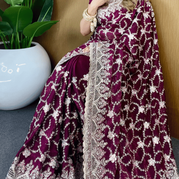 Burgundy Wine Fandy Silk Saree - Cross Flower