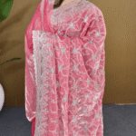 Coral Pink Fandy Silk Saree - Cross Flower