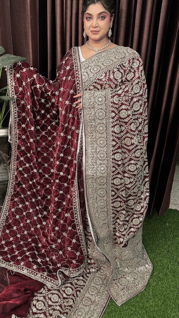 Deep Maroon Fandy Silk Wedding Saree with Heavy Zari Embroidery and Stone Work 1
