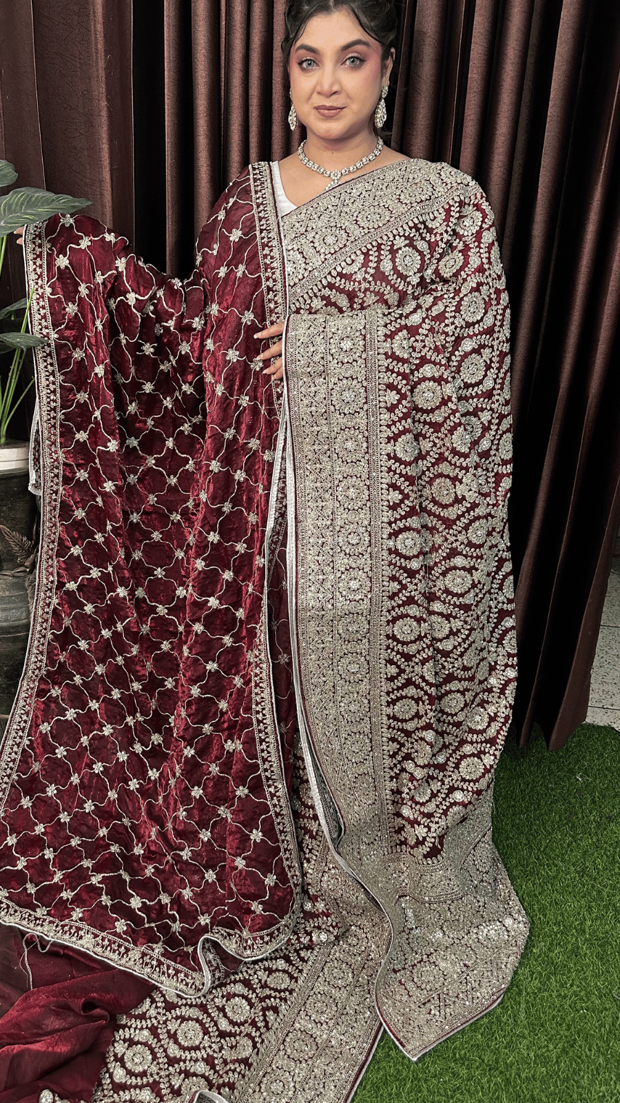 Deep Maroon Fandy Silk Wedding Saree with Heavy Zari Embroidery and Stone Work 1