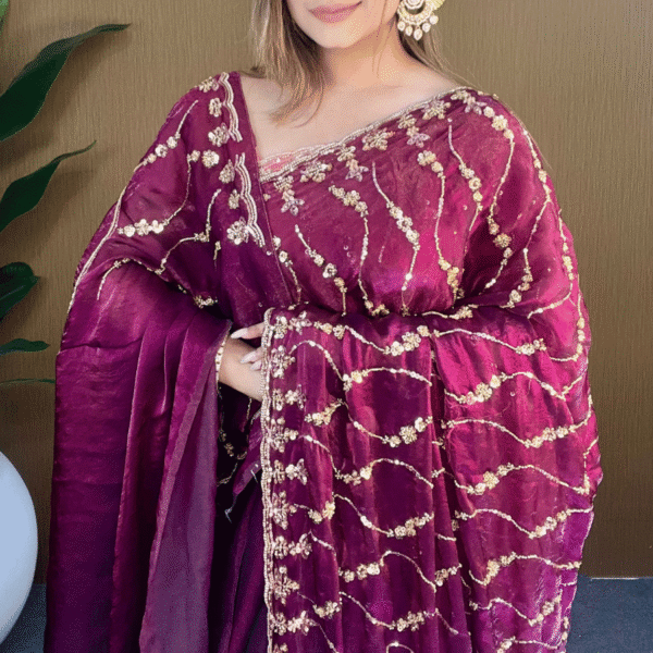Deep Wine Fandy Silk Saree - Beads Work