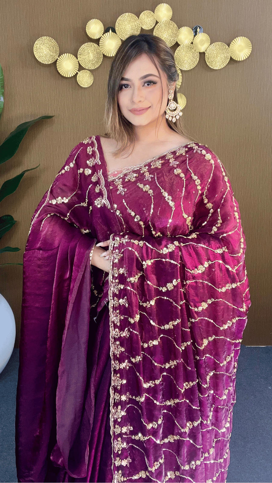 Deep Wine Fandy Silk Premium Saree with Heavy Golden Beads and Sequins Work 1