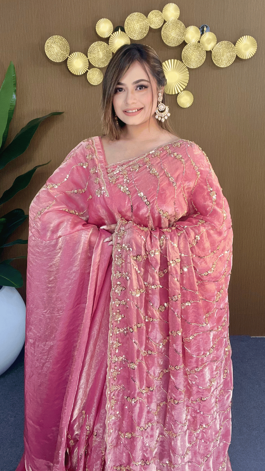 Dusty Rose Fandy Silk Premium Saree with Heavy Golden Beads and Sequins Work 1
