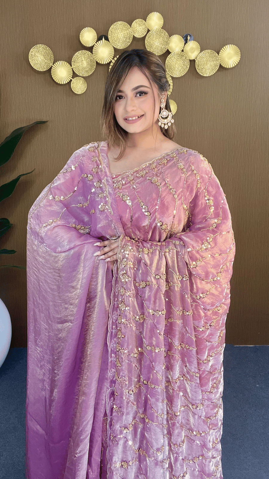 Lavender Mauve Fandy Silk Premium Saree with Heavy Golden Beads and Sequins Work 1