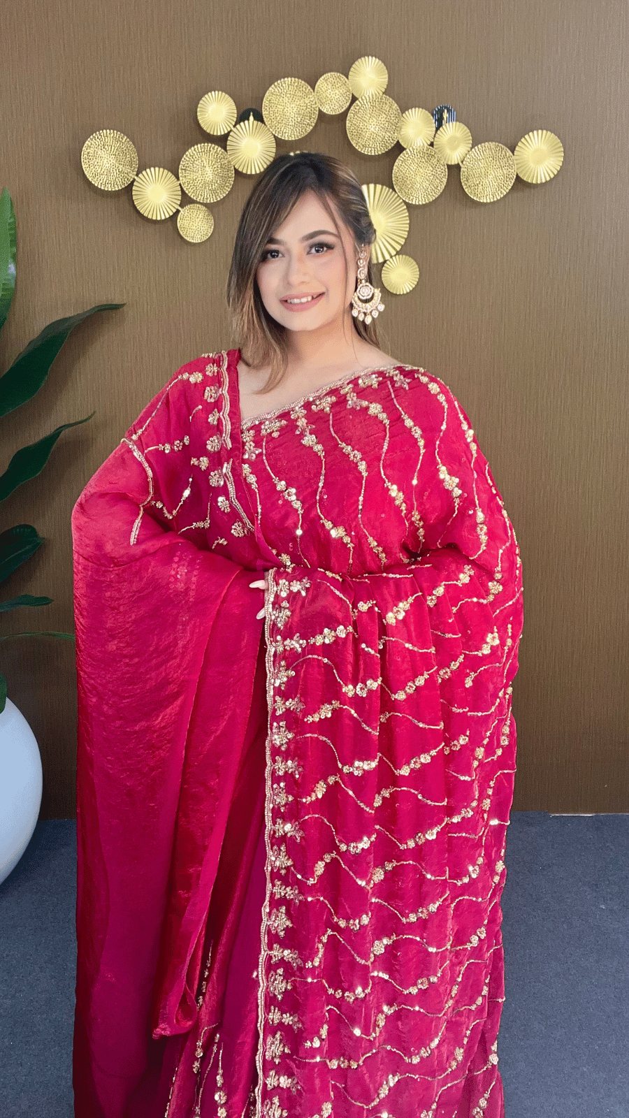 Rani Pink Fandy Silk Premium Saree with Heavy Golden Beads and Sequins Work 1