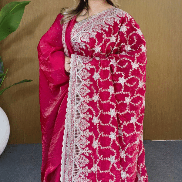 Rani Red Fandy Silk Saree - Cross Flower