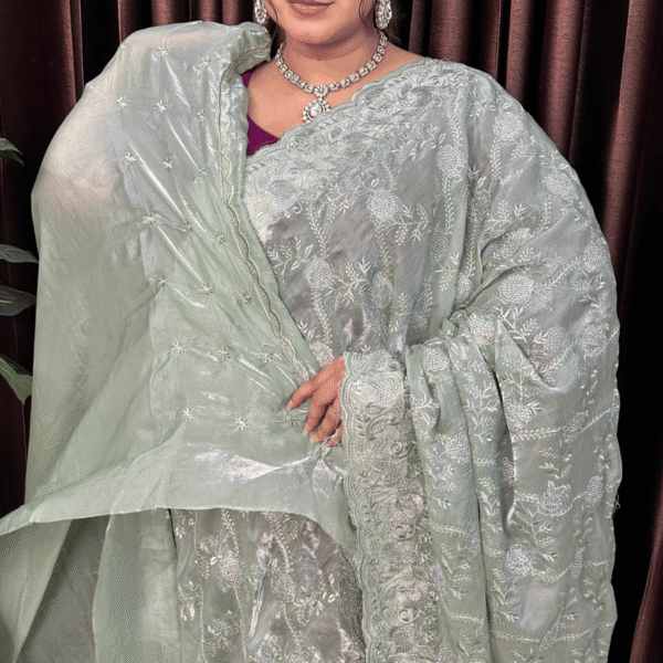 Sage Green Fandy Silk Saree - Stone Work