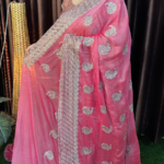 প্রিমিয়াম মস সিল্ক পার্টি শাড়ি - গোল্ডেন Swarovski স্টোন ও কাটওয়ার্ক বর্ডার - মায়া পিংক