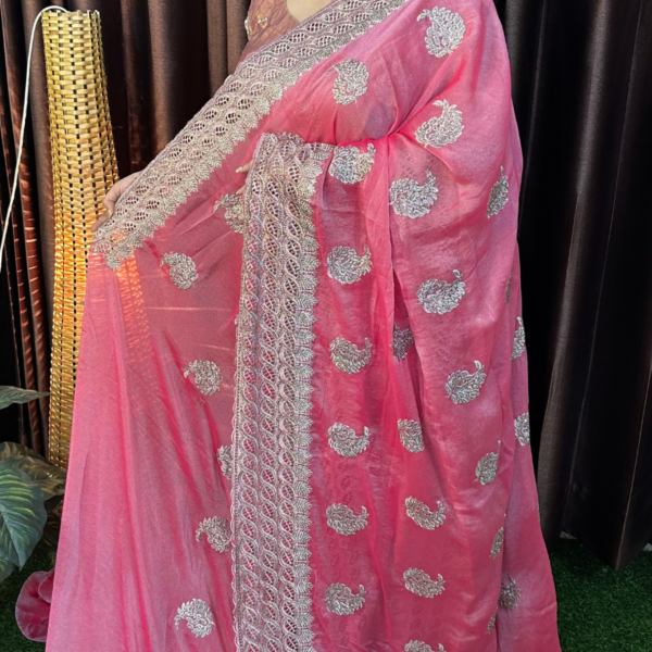 প্রিমিয়াম মস সিল্ক পার্টি শাড়ি - গোল্ডেন Swarovski স্টোন ও কাটওয়ার্ক বর্ডার - মায়া পিংক