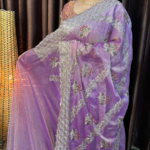 গোল্ডেন Swarovski মস সিল্ক পার্টি শাড়ি - ল্যাভেন্ডার পারপেল